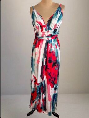 Long Abstract Graphic Print Maxi Dress Small S Grecian Stretchy Packable Travel